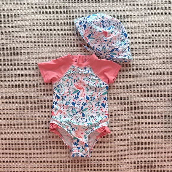 Floatimini Baby Girl Swimsuit & Hat Set 18M Flamingo Print Rash Guard - Picture 1 of 9